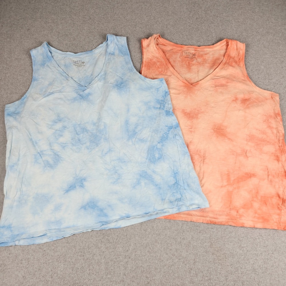 Time and Tru Tank Top Womens XXL Blue Peach Tie‎ Dye V-Neck Relaxed Fit Lot of 2